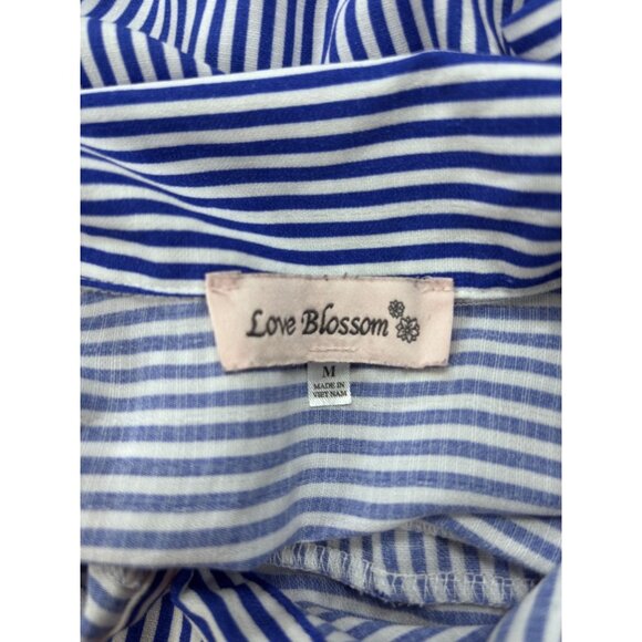 Blue & White Striped Shirt Dress By Love Blossom Button Front Elastic Waist Shor - Picture 9 of 10